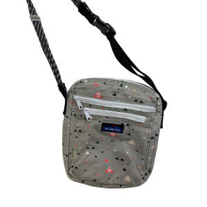 Kavu Wallop Crossbody Bag Purse Grey Multi Canvas Geometric Zip Pockets Rope